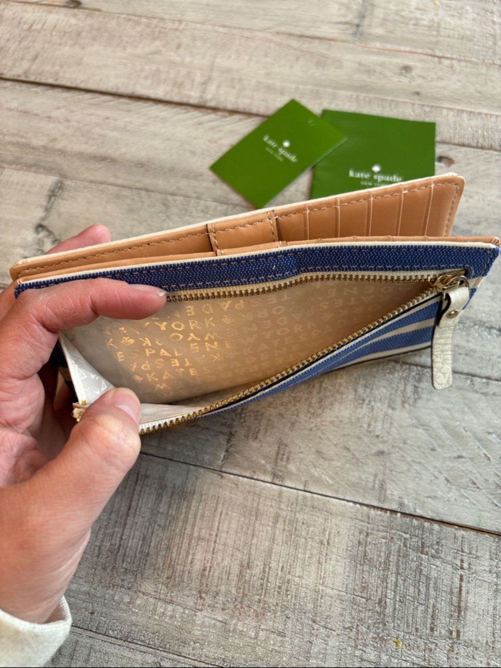 kate spade Blue and White Striped Zip Wallet with Gold Logo Plaque - Picture 4 of 4